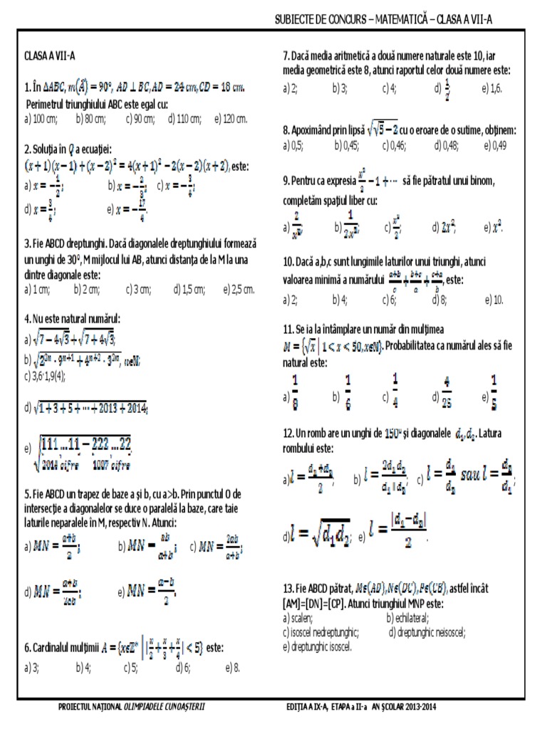 Subiecte Matematica Clasa 7 PDF | PDF