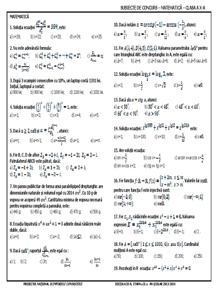 Subiecte Matematica Clasa 10 PDF | PDF