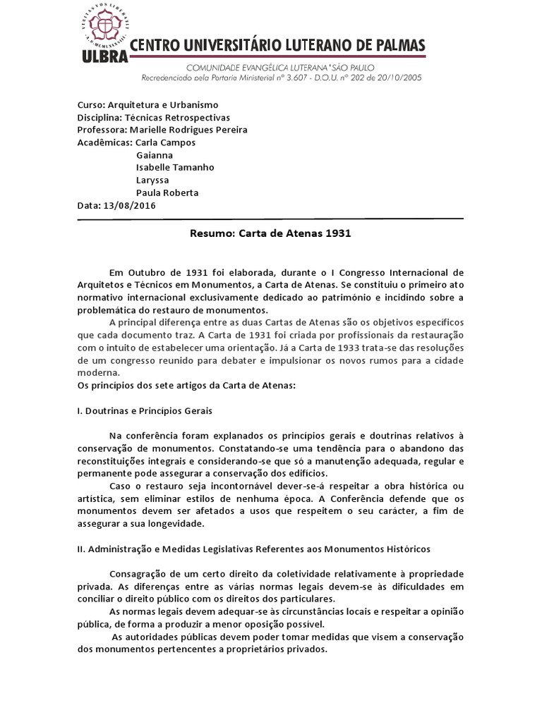 Resumo Carta de Atenas Museu Cooperação