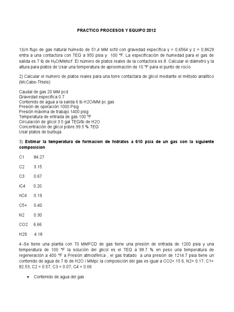 Cálculos y Procesos en Tratamiento de Gas Natural | PDF | Gases | Agua