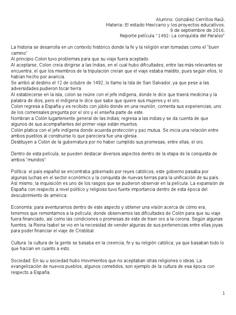 Reporte de Pelicula 1492 La Conquista