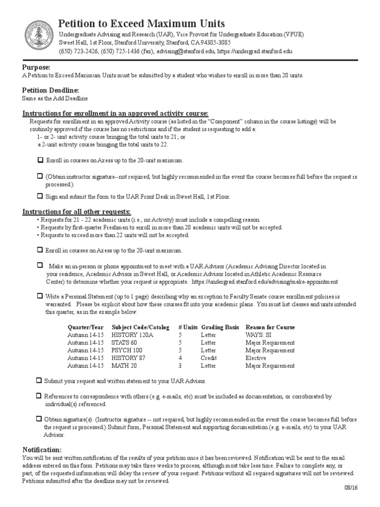 Petition to Exceed Unit Limits at Stanford | PDF | Stanford University ...