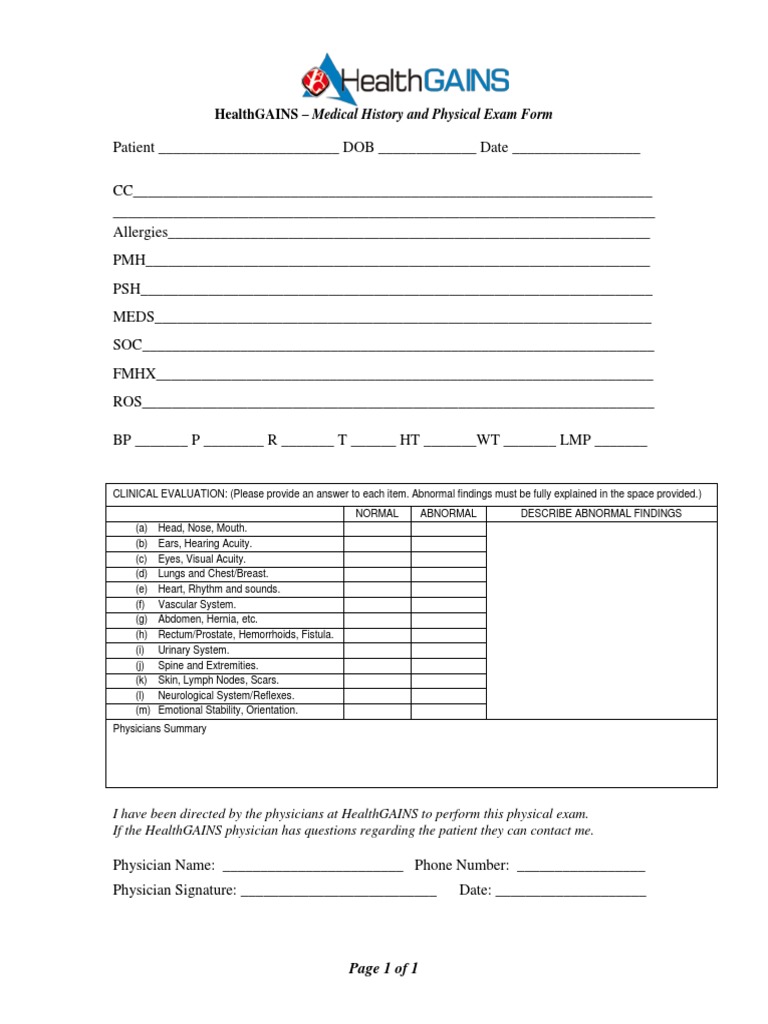 Healthgains Medical History and Physical Exam Form PDF