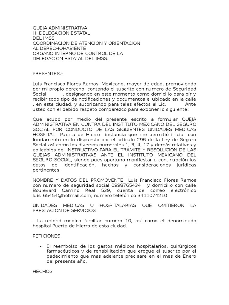 Queja Administrativa Medicina Clinica Medicina