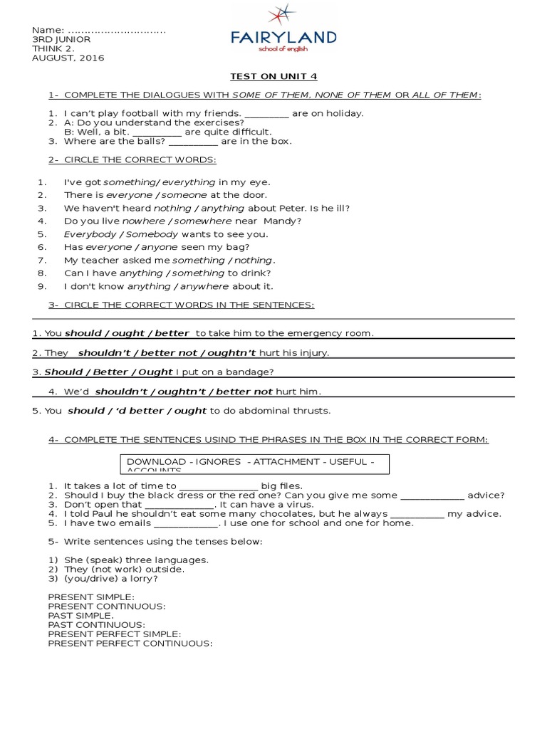 Think 2 Unit 4 Test Worksheet | PDF