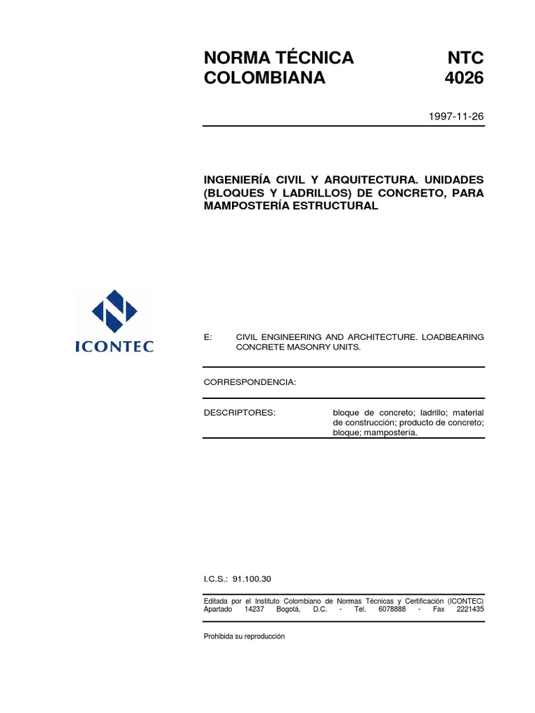 NTC 4026: Bloques y Ladrillos de Concreto | PDF | Hormigón | Cemento
