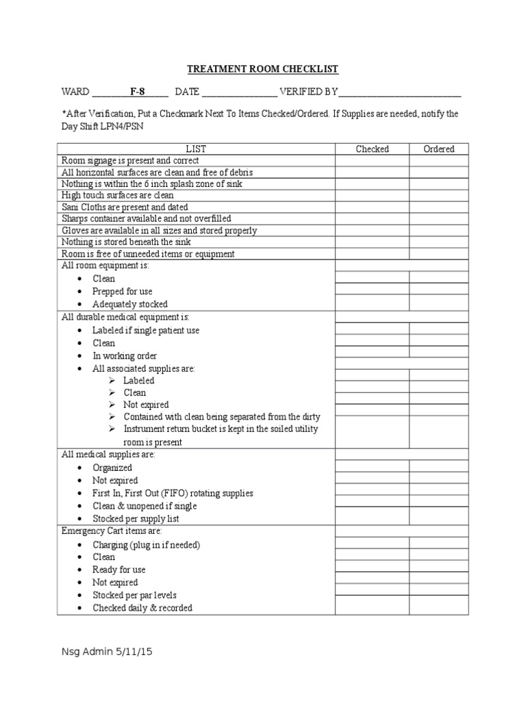 Treatment Room Readiness Checklist | PDF | Self-Improvement | Wellness