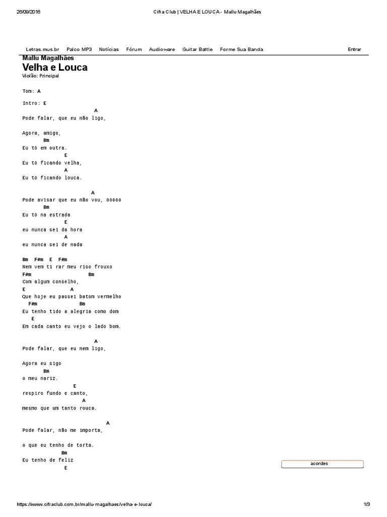 Cifra e Letra: Velha e Louca - Mallu Magalhães | PDF