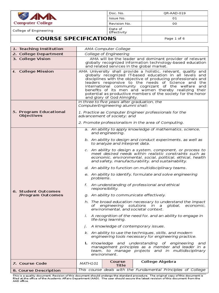 College Algebra Course Specifications | PDF | Quadratic Equation ...