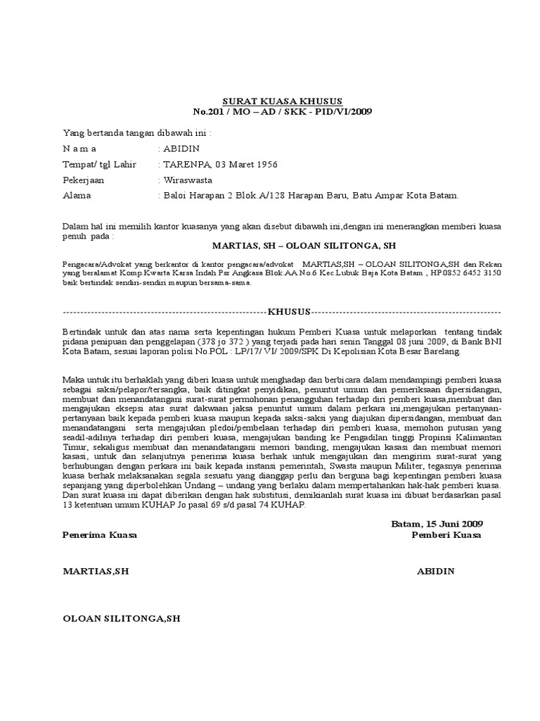Surat Kuasa Khusus Pidana Pdf