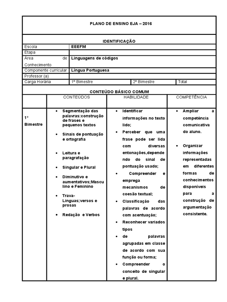 Plano de Ensino Anual Eja Portugês | PDF | Língua Portuguesa | Informação