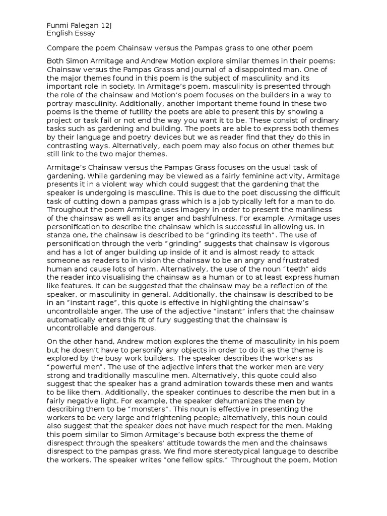 Compare The Poem Chainsaw Versus The Pampas Grass To One Other Poem