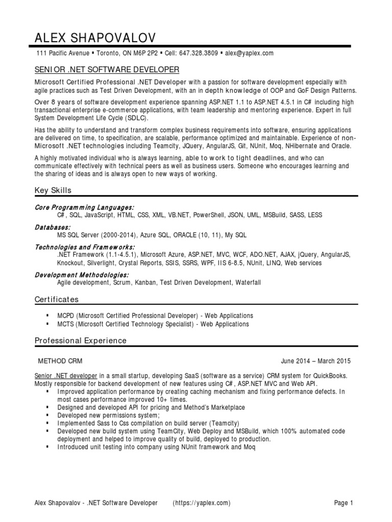 Senior .NET Developer Resume | PDF | Service Oriented Architecture ...