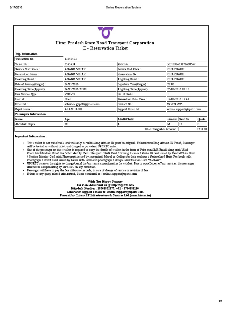 UPSRTC E-Ticket Confirmation | PDF