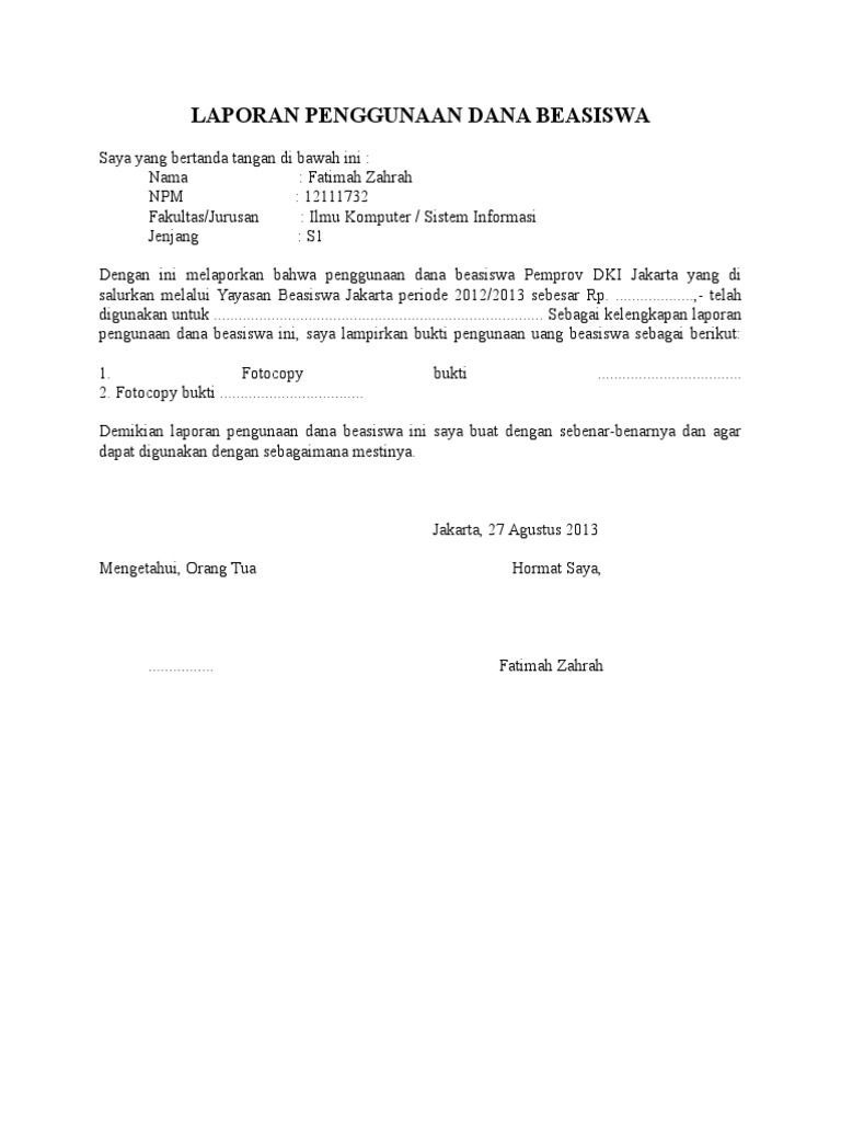 contoh laporan penggunaan dana beasiswa