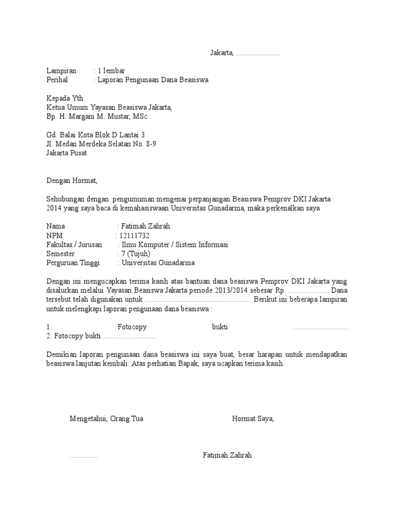 Contoh Laporan Penggunaan Dana Beasiswa