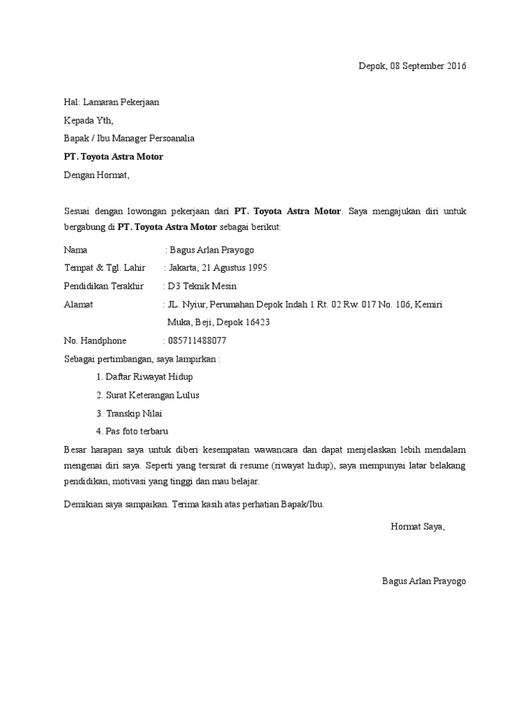 Surat Lamaran Pt Toyota Astra Motor