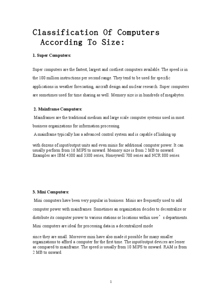 Computer Classification by Size and Purpose | PDF | Microcomputers ...