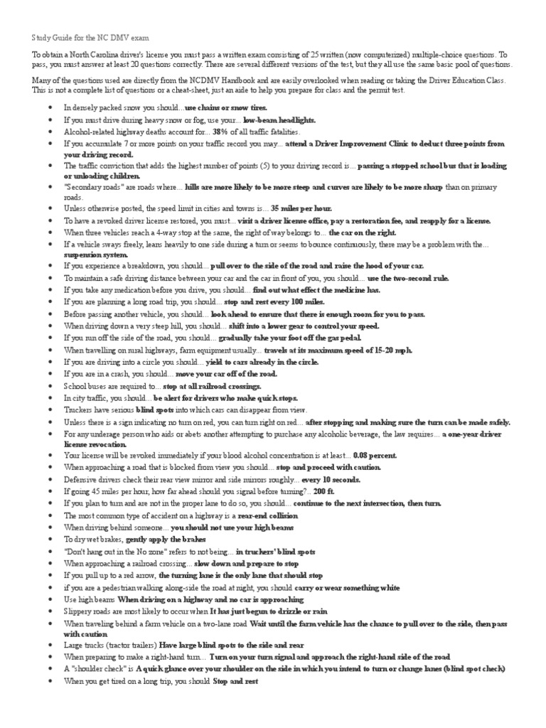 NC Permit Test Tips March 2013.Doc2 Traffic Driving