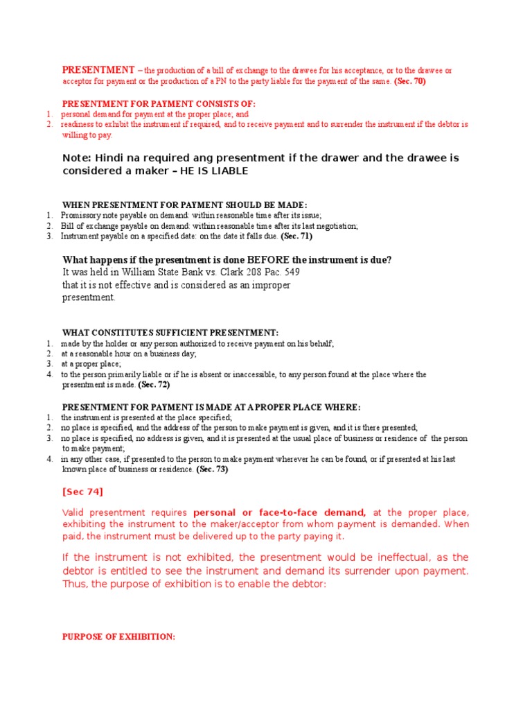 Presentment Negotiable Instrument Civil Law Legal System