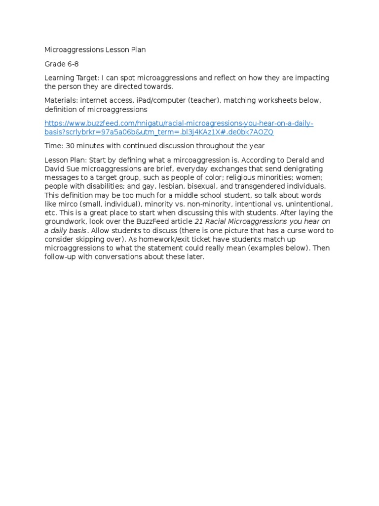 Microaggressions Lesson Plan for Grades 6-8 | PDF | Lesson Plan ...