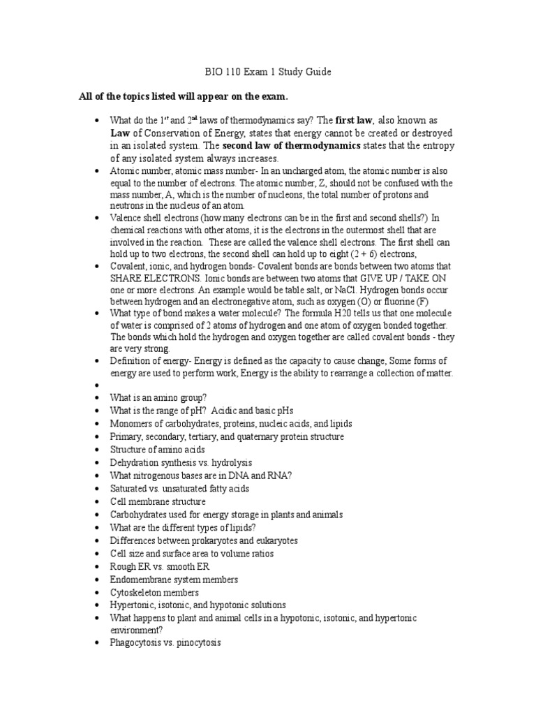 BIO 110 Exam 1 Study Guide | PDF | Chemical Bond | Atoms