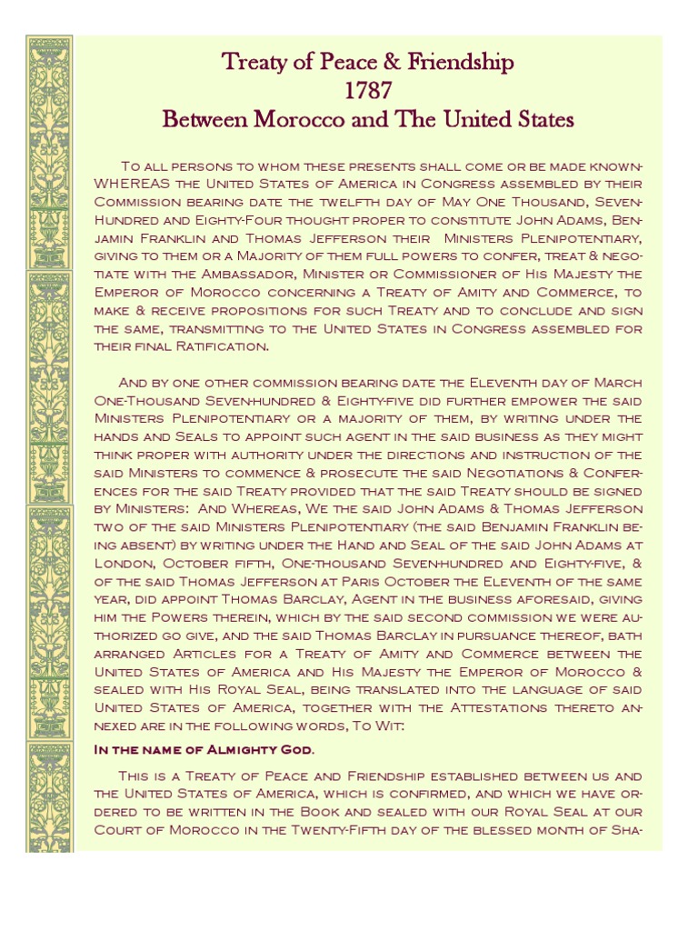 Treaty of Peace and Friendship 1787 John Adams Treaty