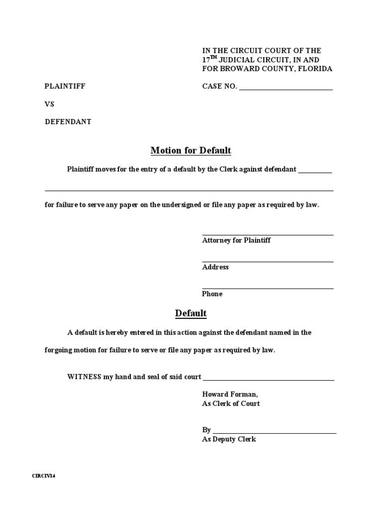 Motion for Clerk's Default in Florida | PDF