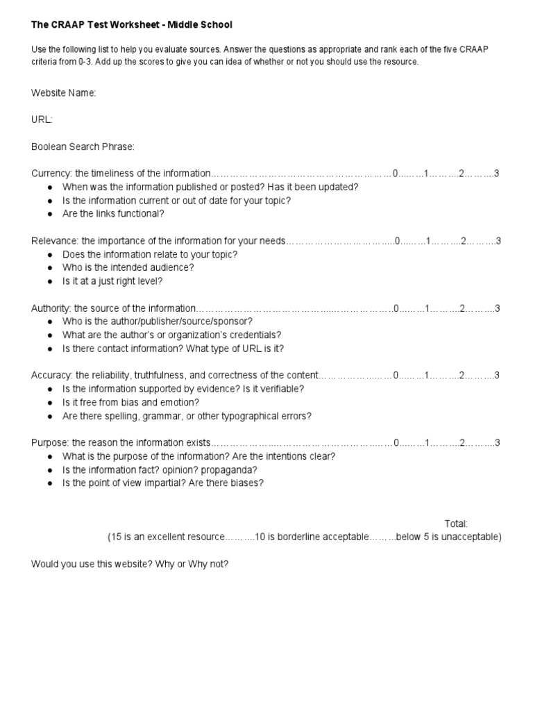 CRAAP Test WorksheetMiddleSchool PDF