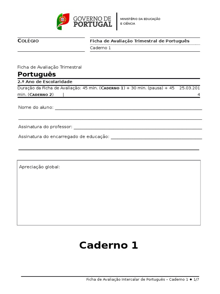 Ficha de Avaliação de Português - 2º Ano | PDF | Português (idioma ...