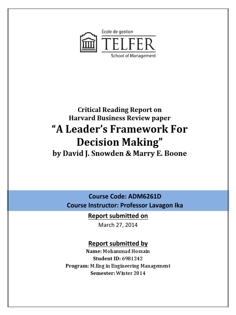 Critical Reading Report - Course ADM6261D | PDF | Emergence | Leadership