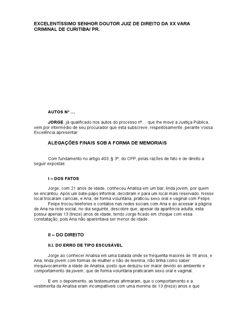 Alegações Finais Por Memoriais Relação Sexual