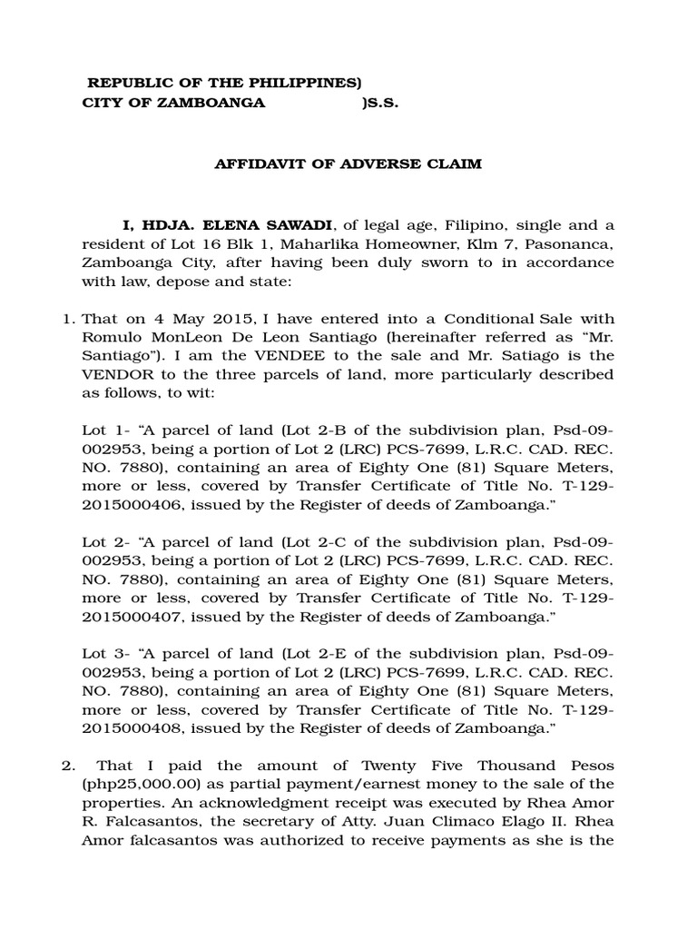 Affidavit of Adverse Claim by Sawadi | PDF | Affidavit | Civil Law ...