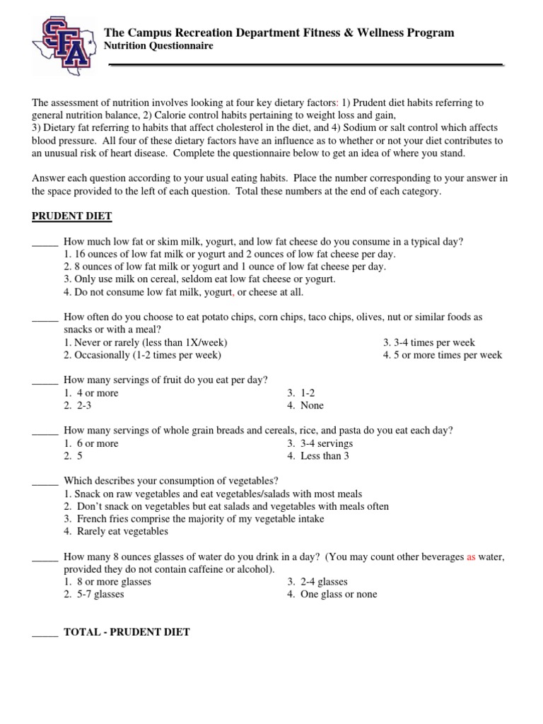 Nutrition Assessment Questionnaire | PDF | Foods | Saturated Fat