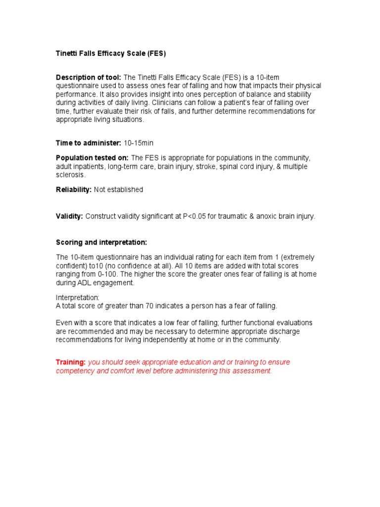 Tinetti Falls Efficacy Scale (FES) | Psychological Evaluation | Health ...