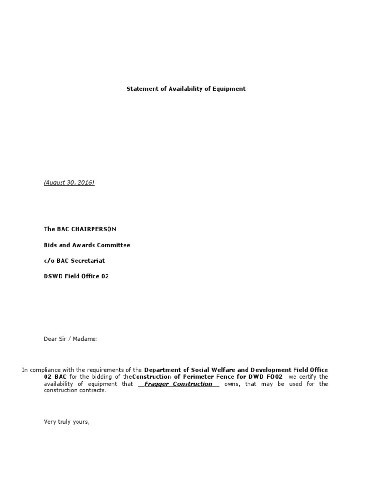 Certificate of Availability of Equipment Template PDF