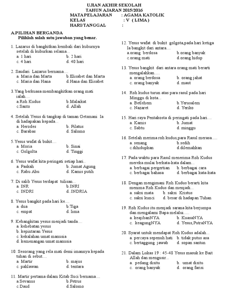 Contoh Soal Agama Katolik Kelas 7 Smp Semester 1 Riset