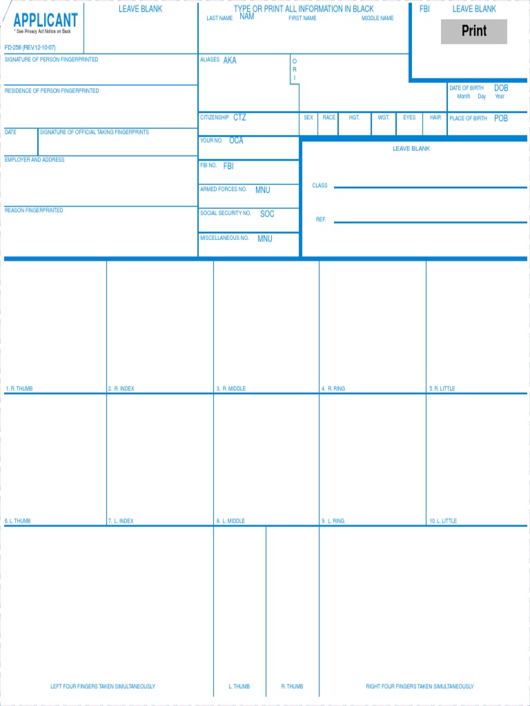 FBI FP Card | Fingerprint | Federal Bureau Of Investigation