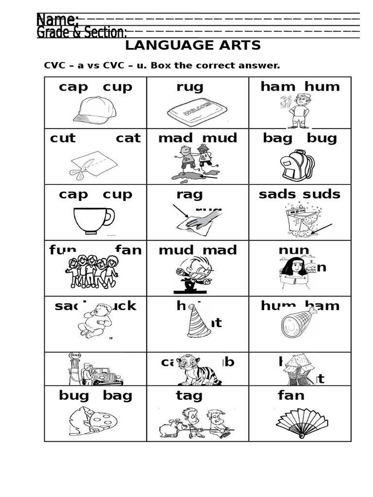 Language Arts Cap Cup Rug Rag Ham Hum: CVC - A Vs CVC - U. Box The ...
