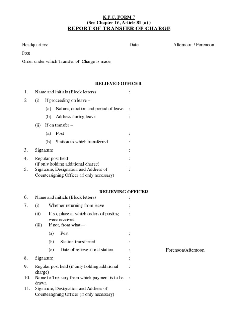 Report of transfer of charge for kerala govt employees