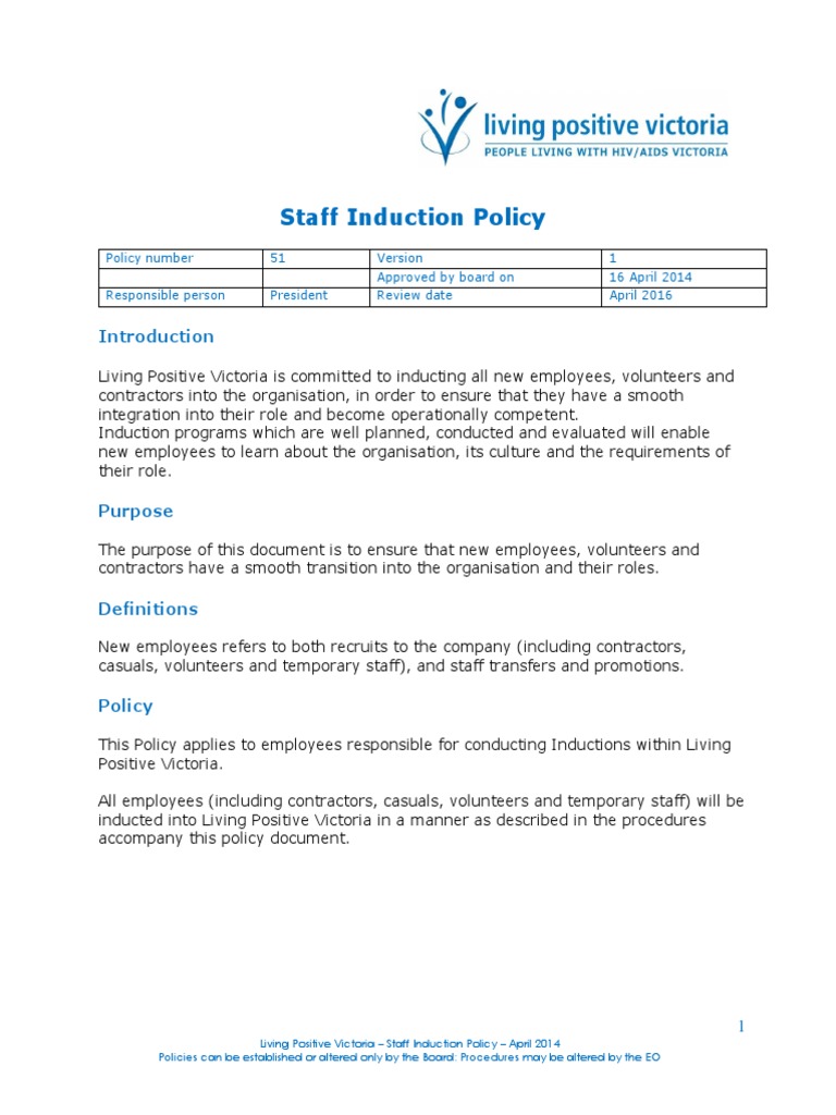 51 Staff Induction Policy PDF Employment Occupational Safety