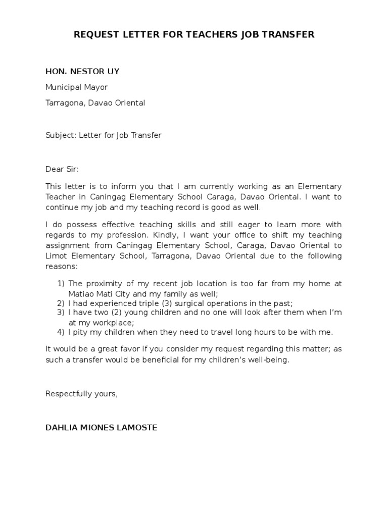 Request Letter for Teachers Job Transfer