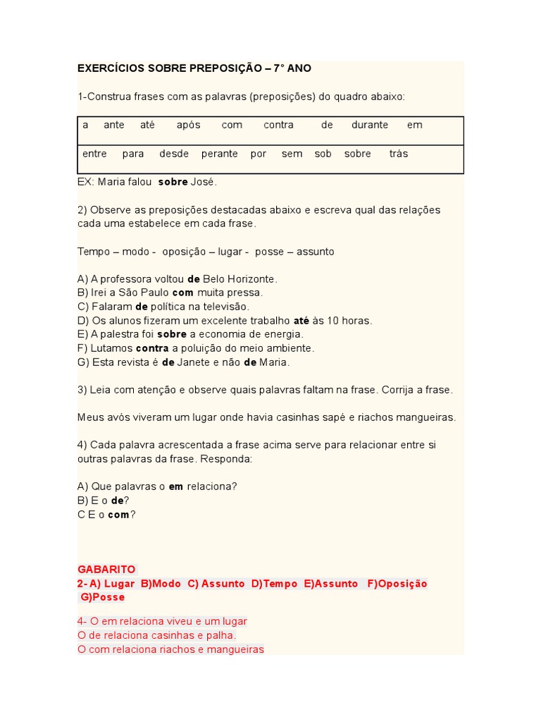 Exercícios de Preposição - 7º Ano | PDF | Estudos de Línguas ...