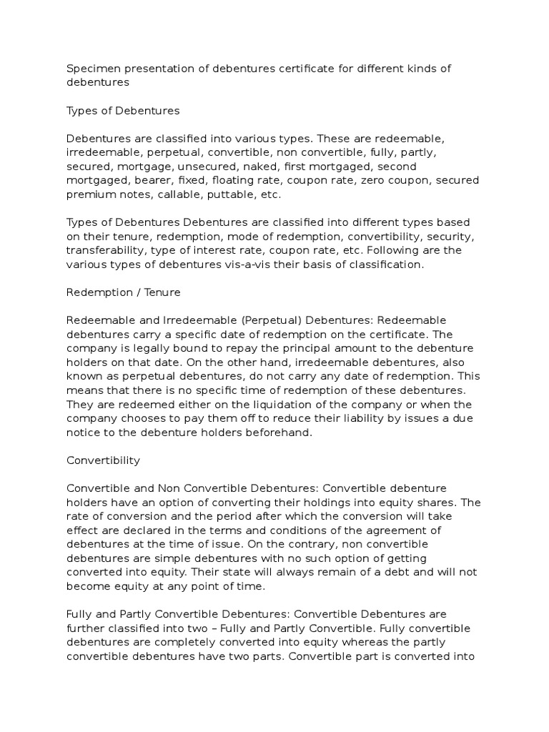 Specimen Presentation Of Debentures Certificate For Different Kinds Of