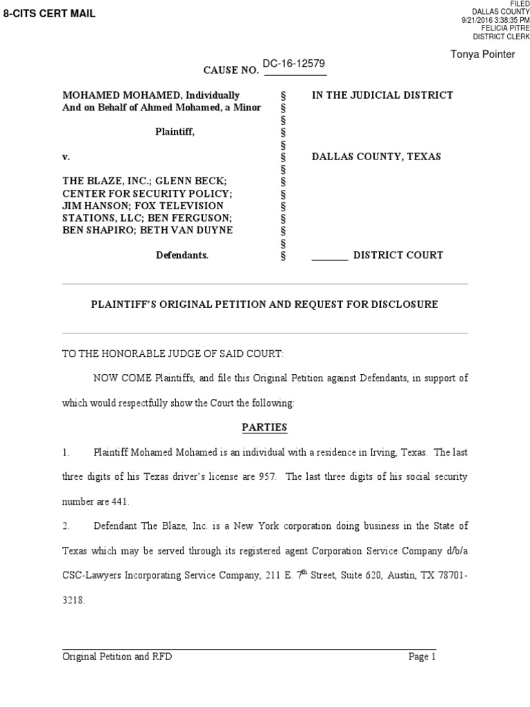 "Clock Boy" Defamation Lawsuit Complain PDF