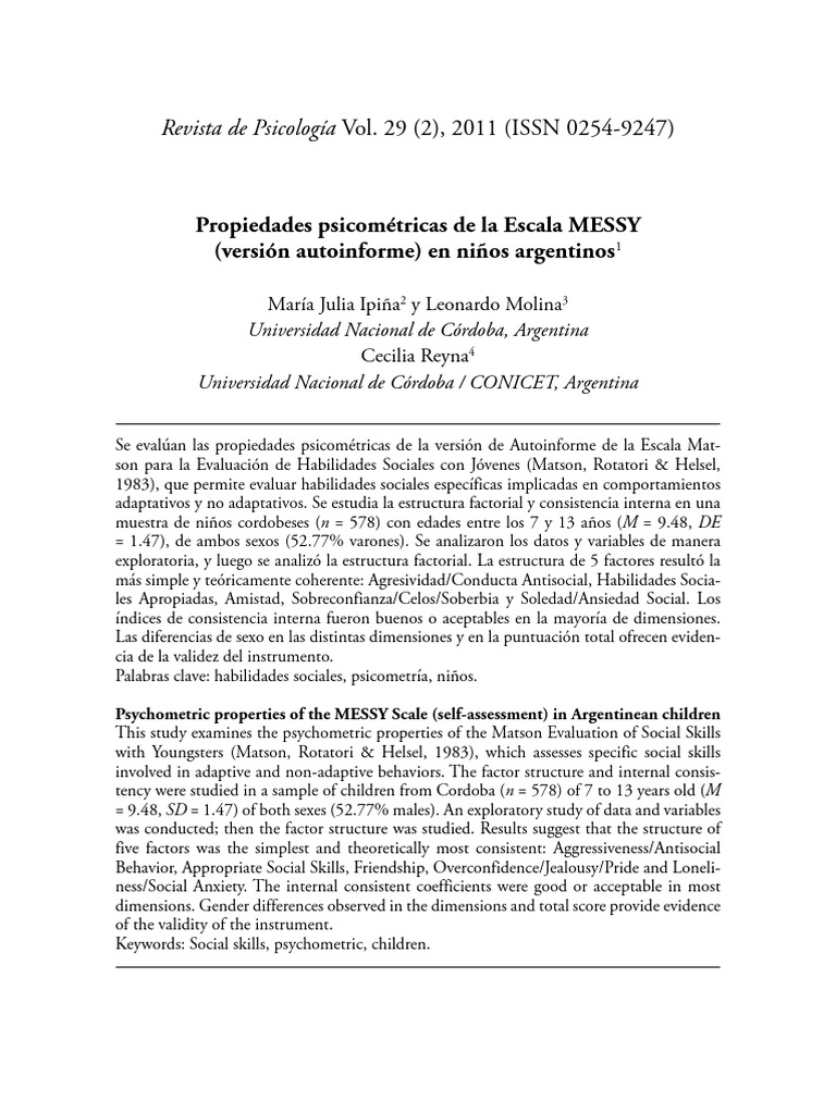 Propiedades psicométricas de MESSY en niños | PDF | Validez ...