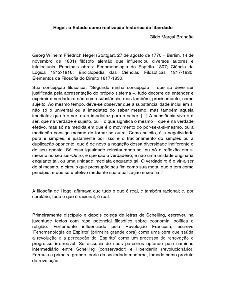 Hegel O Estado Como Realização Histórica Da Liberdade Pdf Pdf