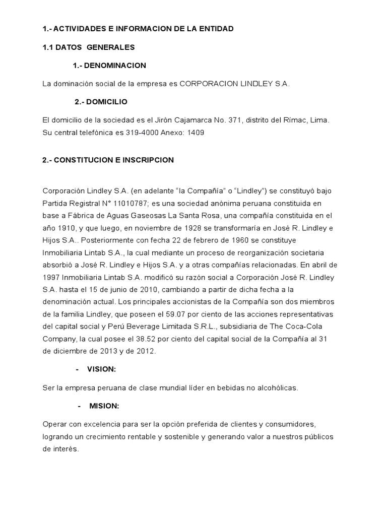 Corporación Lindley S.A.: Historia y Datos Clave | PDF | Coca Cola | Perú