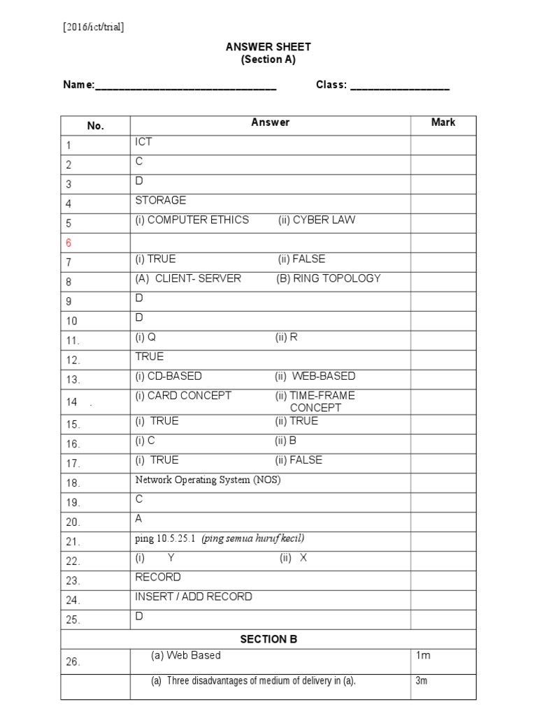 Answer Sheet (Section A) Name: - Class | PDF | Computers
