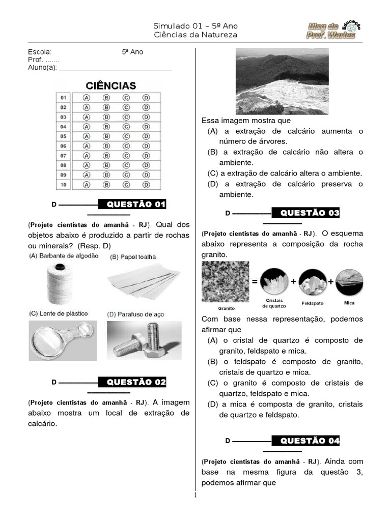 Simulado de Ciências - 5º Ano | PDF | Granito | Terra
